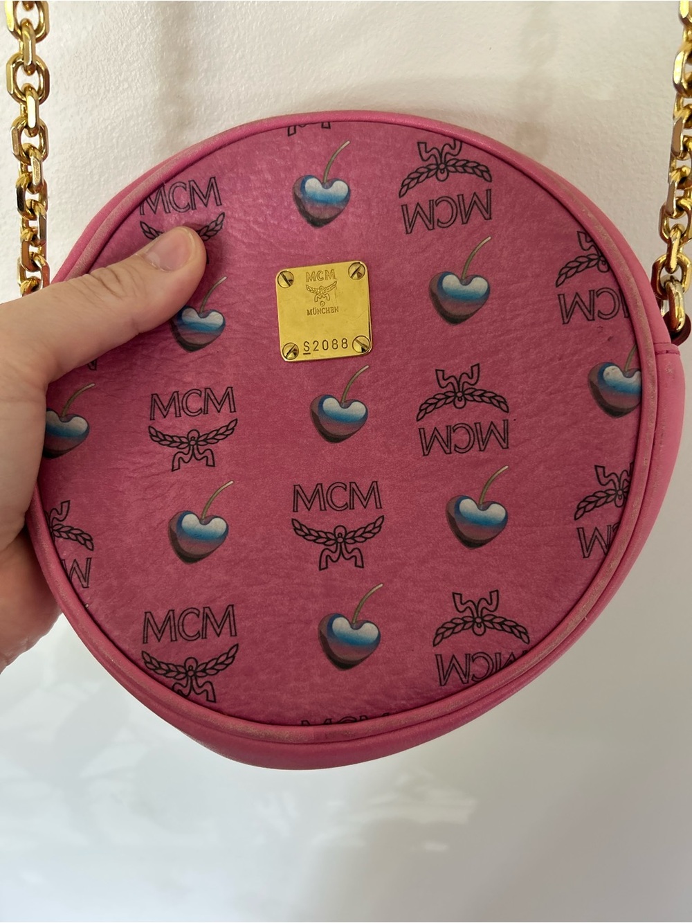 Authentic Rare MCM Pink Sweet Visetos Cherry Tambourine Crossbody Bag